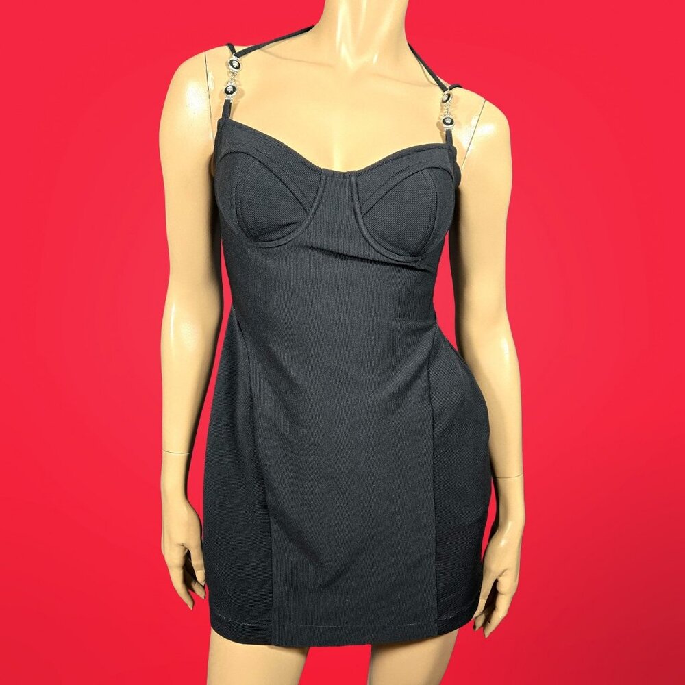 Vintage 90s Black Bustier Mini Dress Size M Bodycon Corset Party Cocktail